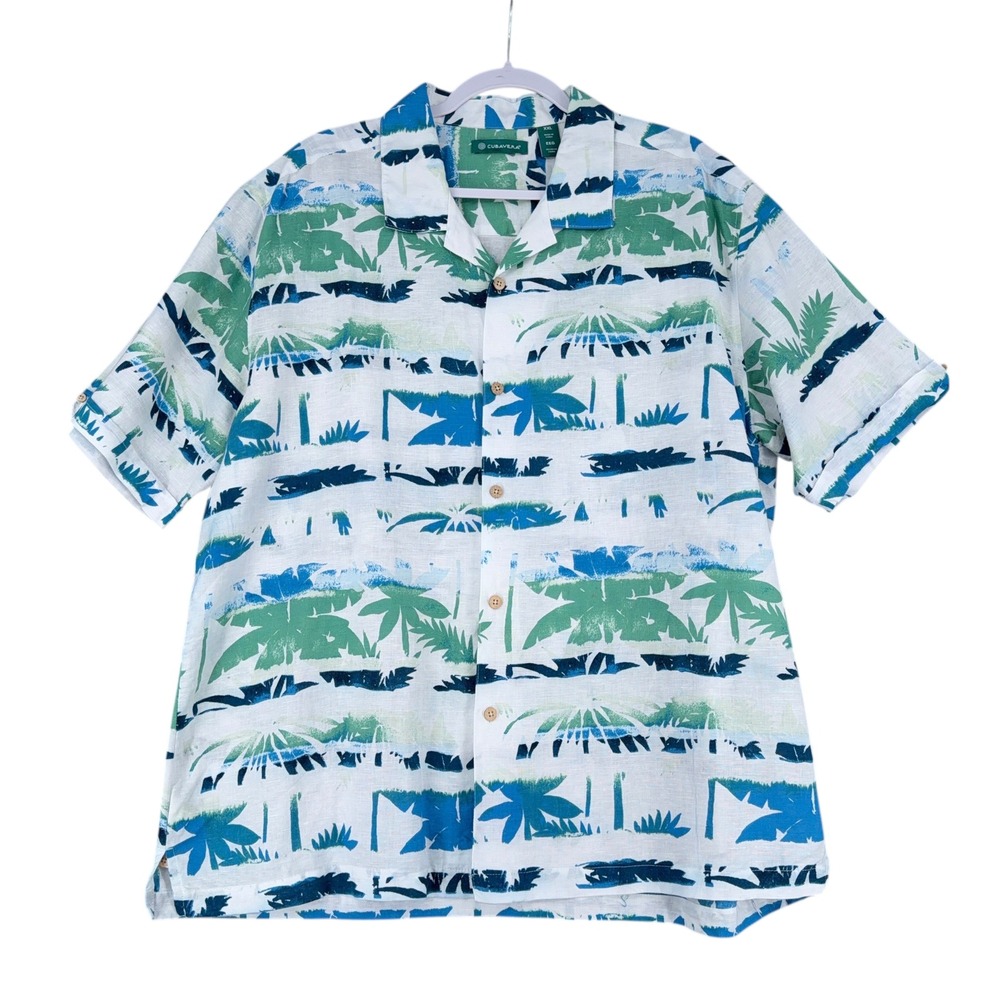 Cubanera Mens XXL Linen Blend Palm Tree Hawaiian Shirt Short Sleeve Button Up‎